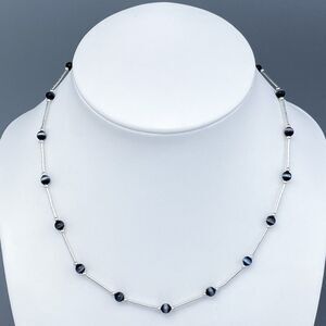 New Sterling Silver 925 Black Synthetic Cat's Eye Beaded Necklace 15.5"